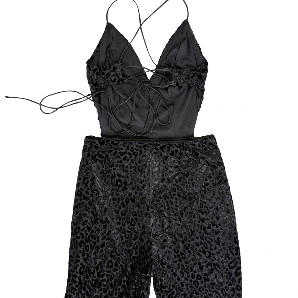 Strappy Cut-Out Velvet Jumpsuit Women S Black Wide Leg Leopard Chic Glam Sexy